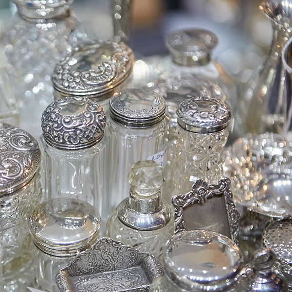 Antique glass and silver bottles