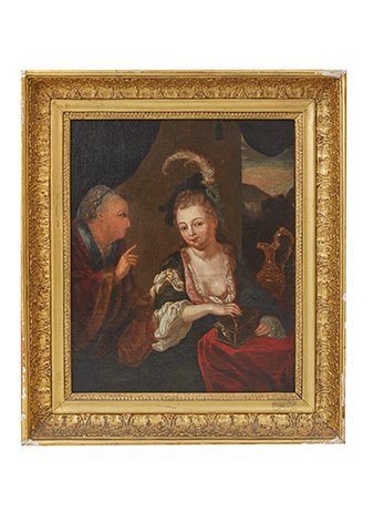 antique painting of a man and woman in discussion