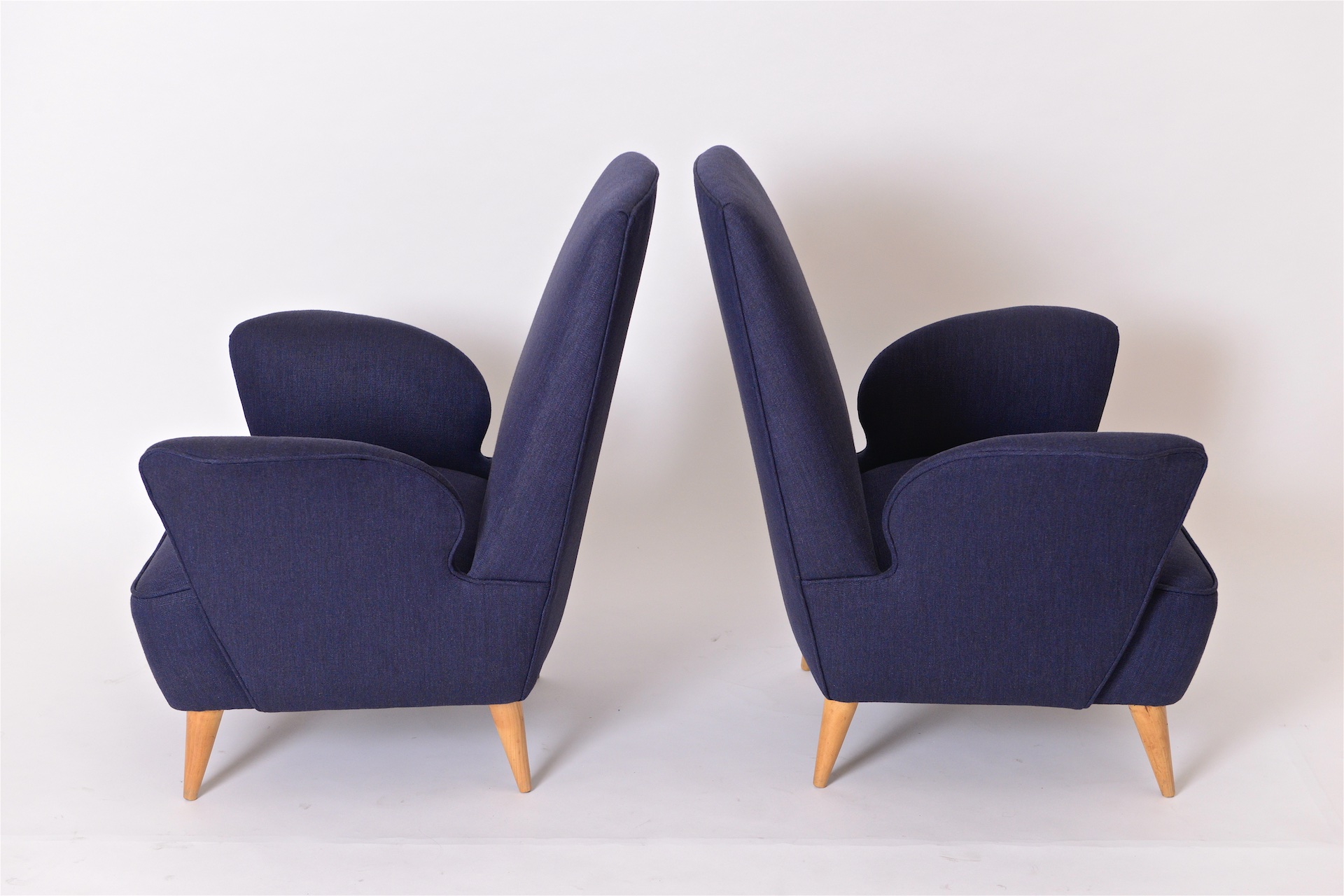 Pair of Navy Blue Upholsted Lounge Chairs with Maple Feet