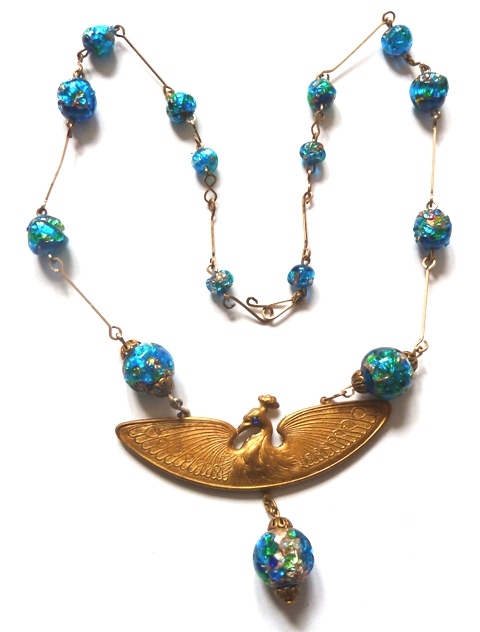 vintage necklace peacock & foil beads