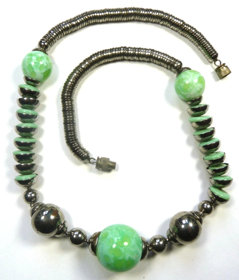 Art Deco green glass & chrome necklace