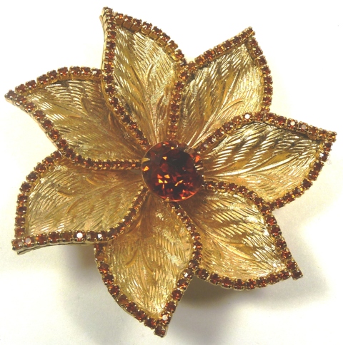 gold tone flower brooch amber stones