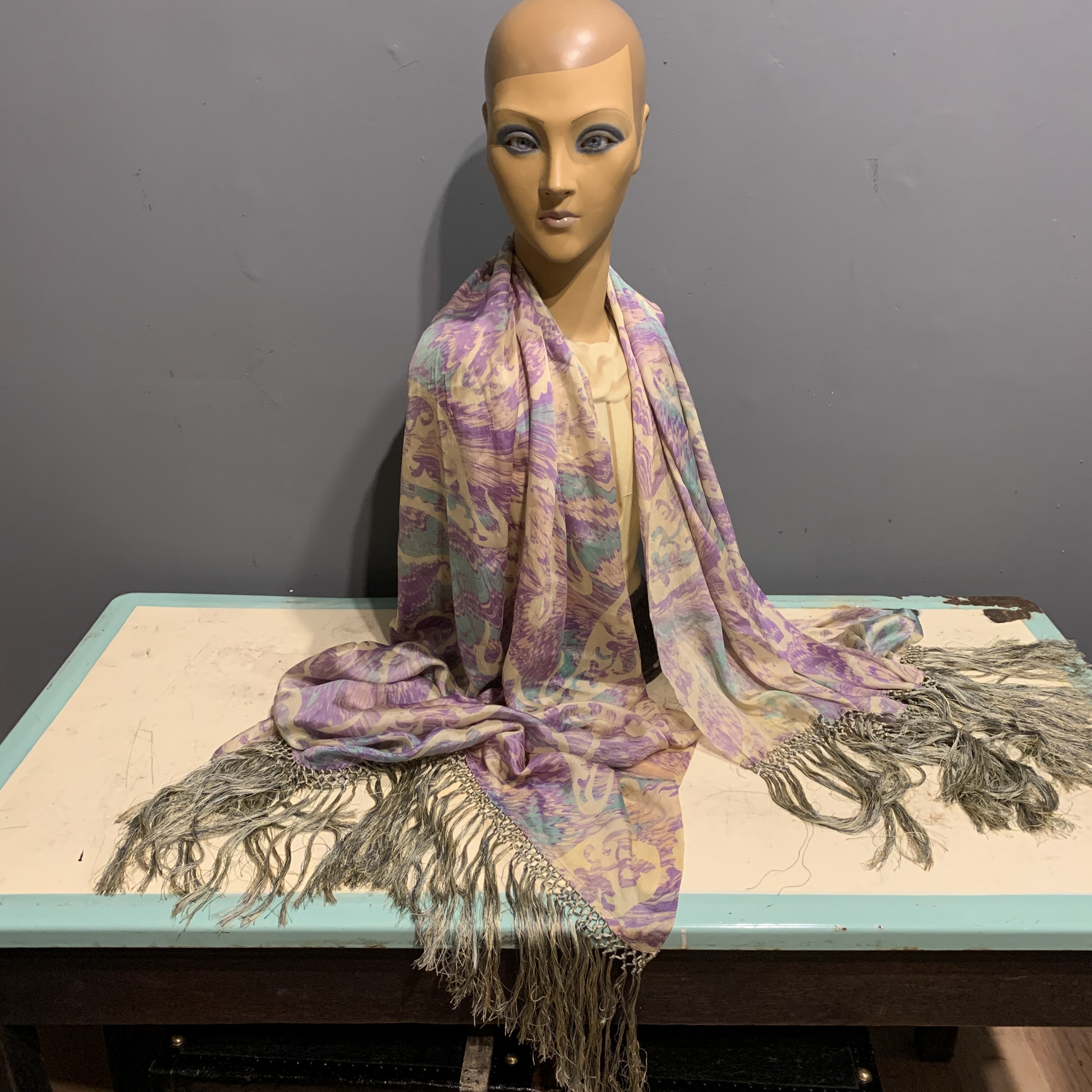 printed silk pongee stole with fringing