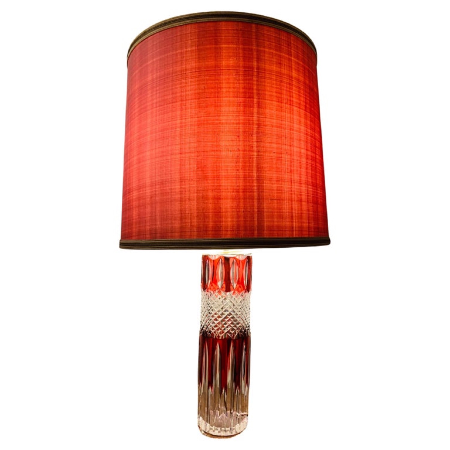 Brass Table Lamp with Enameled, Ice Chip, Red Cased Glass Shade - Ruby Lane