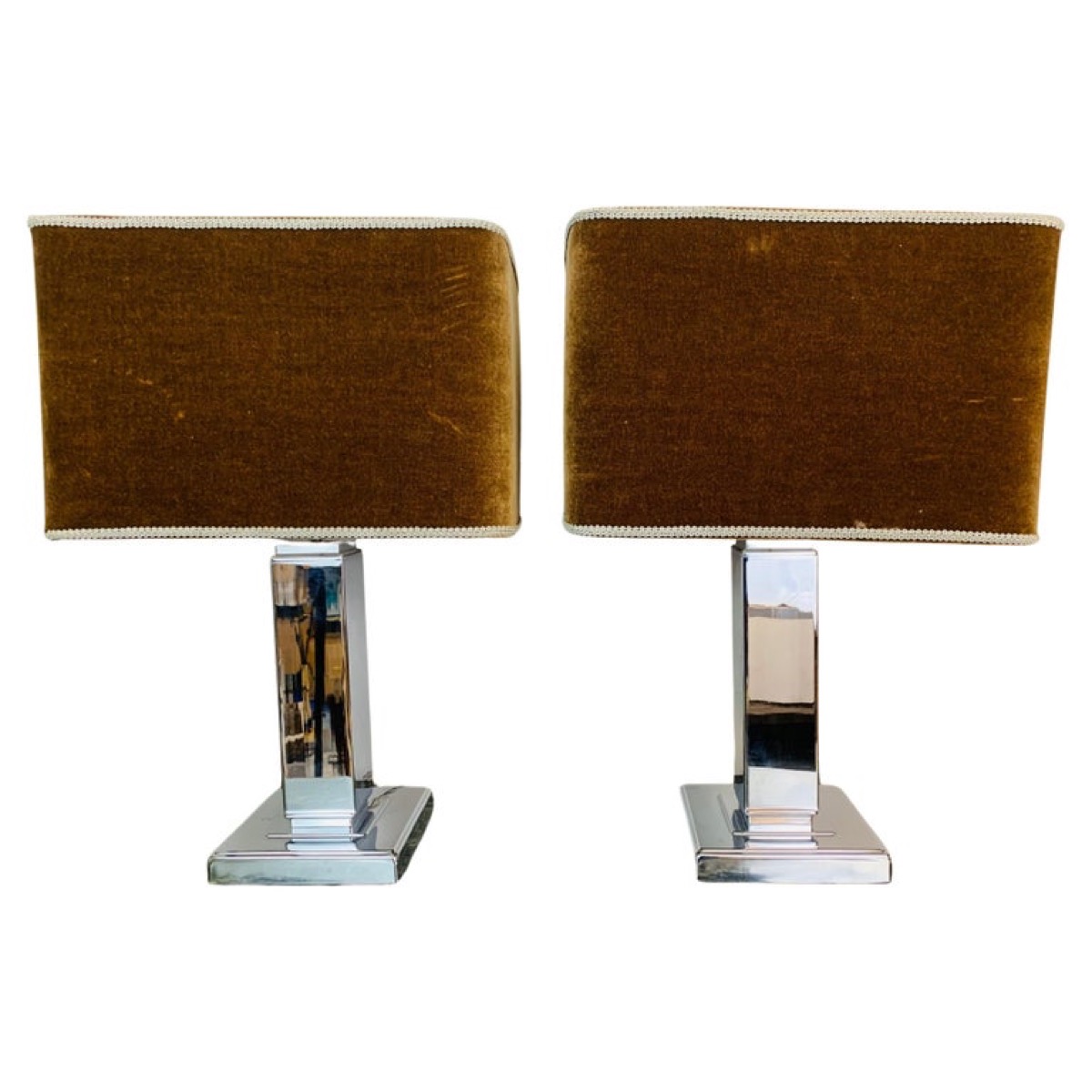 Pair of 1970s Square Chrome Table Lamps inc Original Shades
