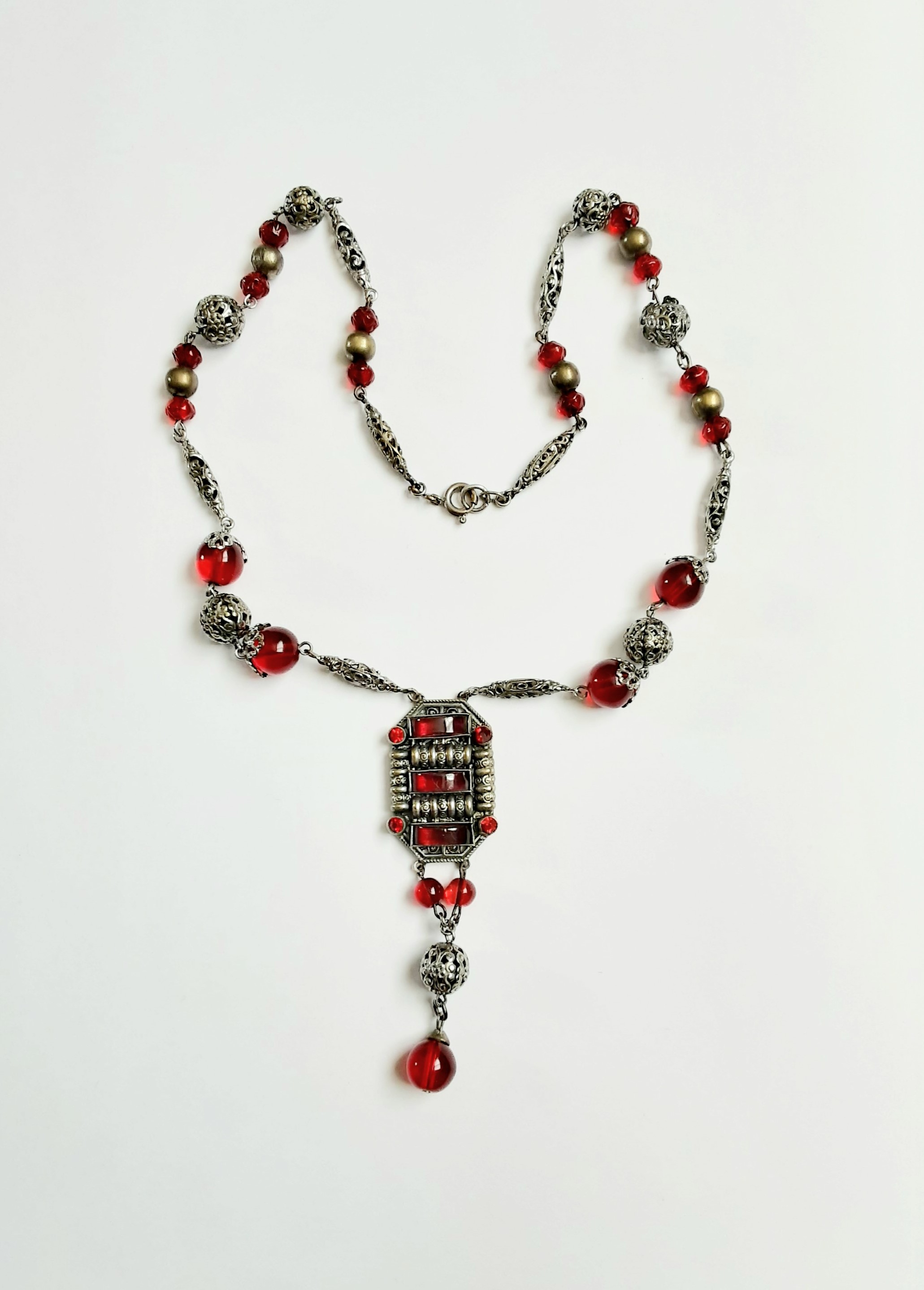 Czech red glass white metal pendant necklace