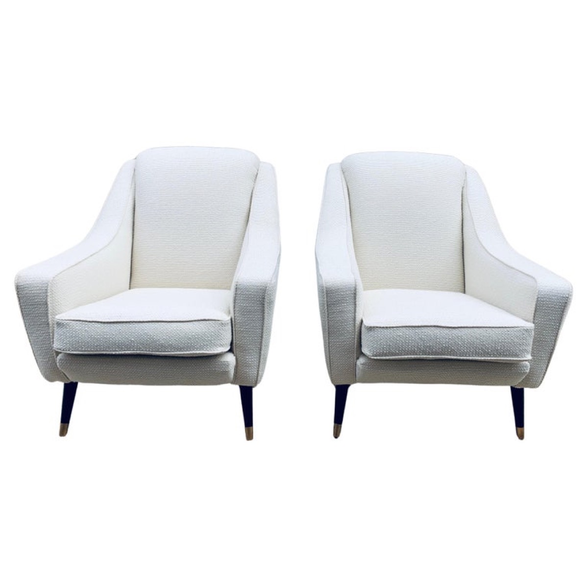 Pair of 1950s Mid Century French Cream Boucle Lounge Armchairs on Splayed Legs