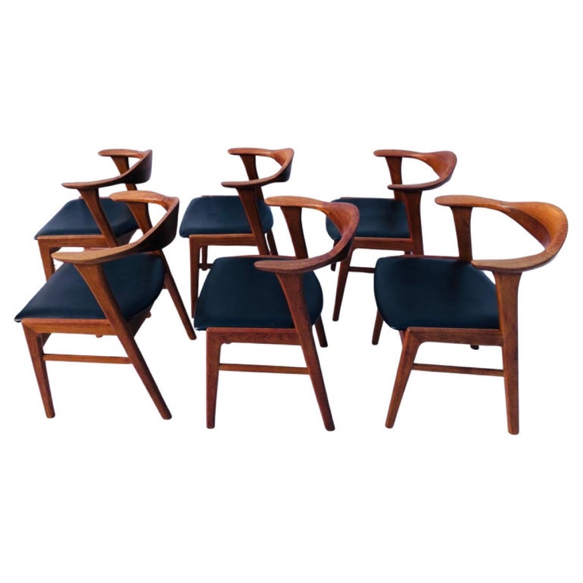 Set/6 1960s Danish Erik Kirkegaard Model 49b Teak & Black Vinyl Dining Chairs 