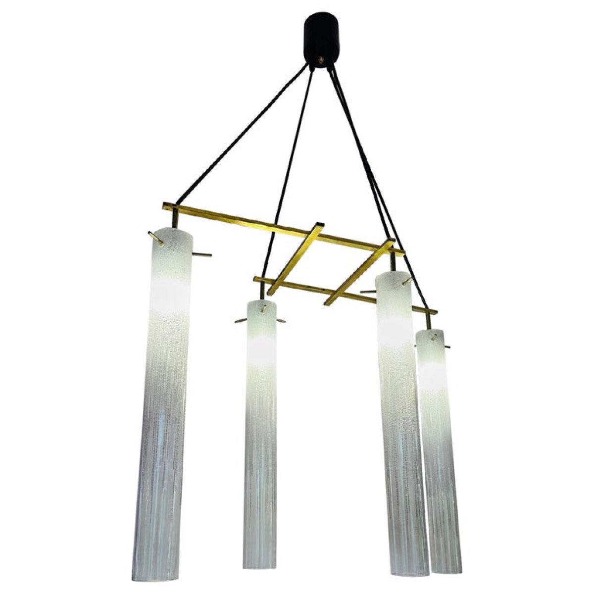 1970s Italian Four Tubular Frosted Glass & Brass Ceiling Light