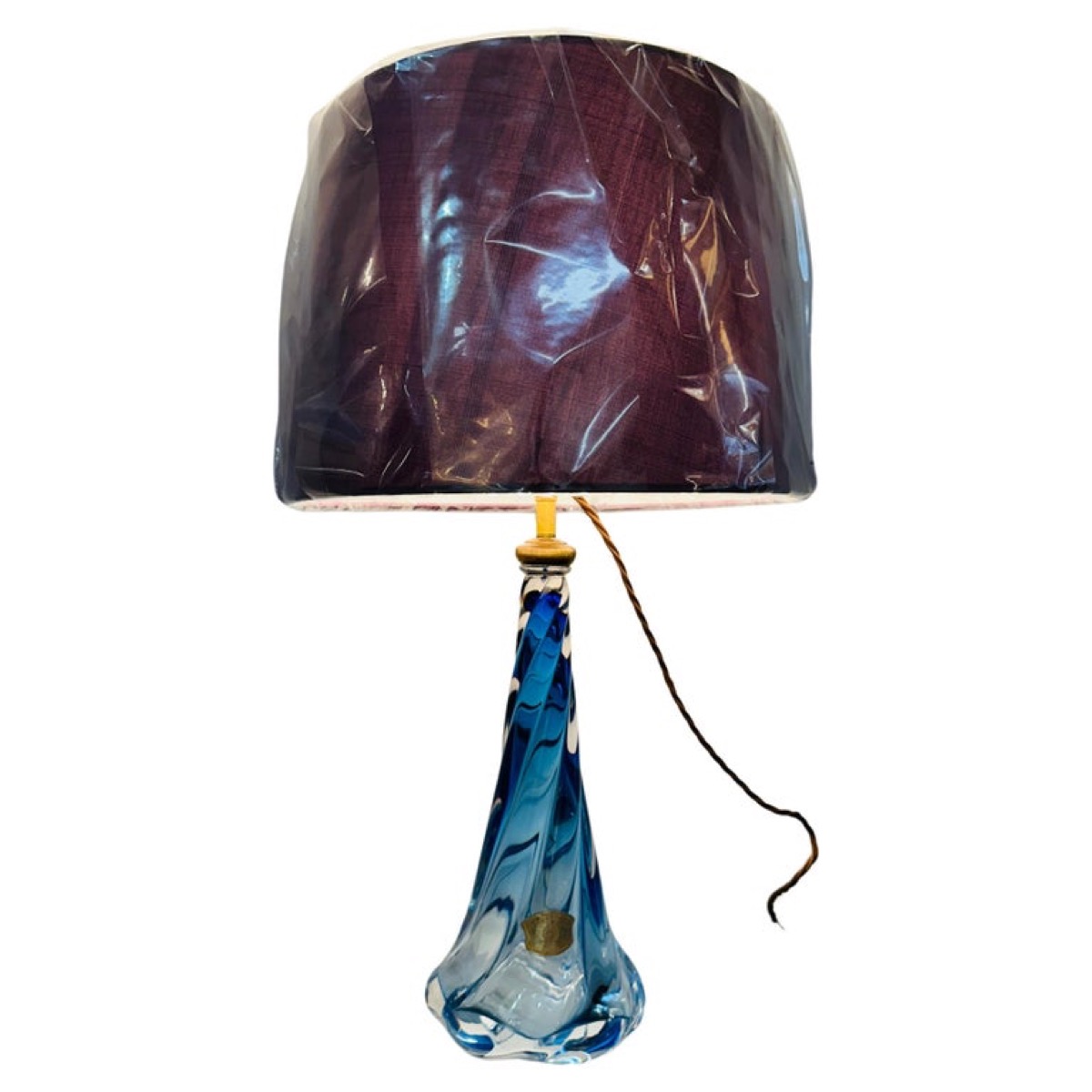 1950s Belgium Val St Lambert Blue Twisted Glass Lamp Base