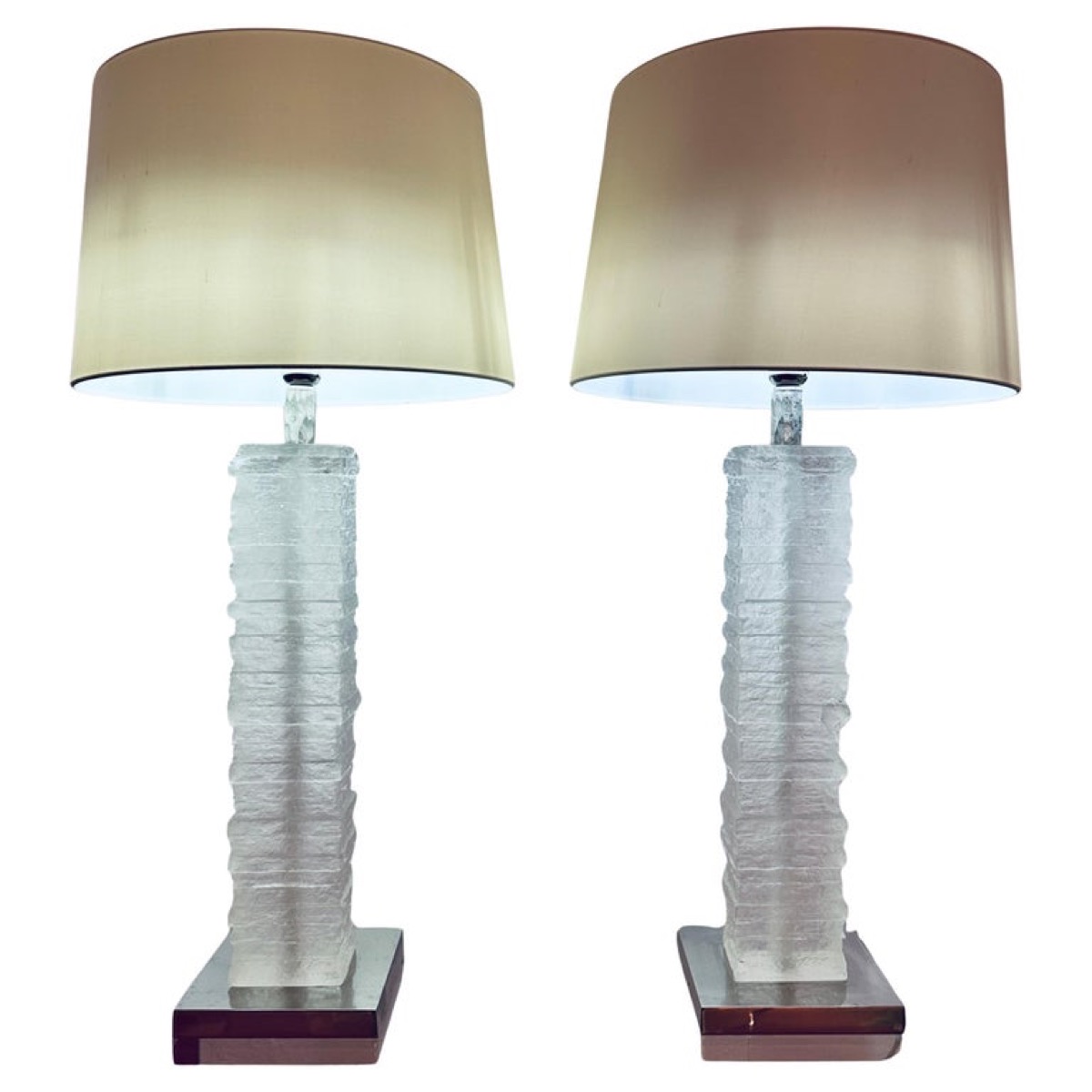 Pair of Crystal Strata Column Porta Romana Table Lamps