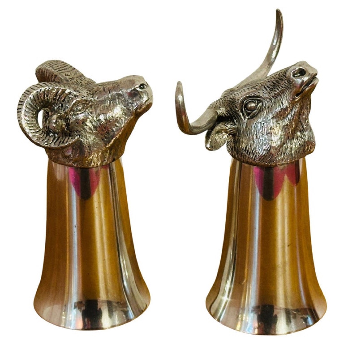 Pair of 1950s English Silver Plate Ram & Bull's Head Stirrup Cups